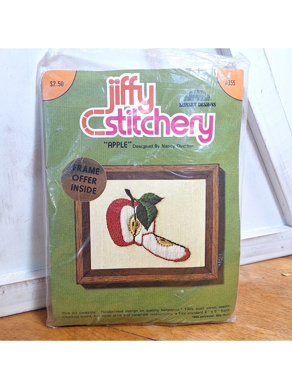 VTG Jiffy Stitchery Embroidery Kit "APPLE" 1970s #355  Fits A 4X5 Frame Sealed
